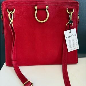 Sapahn M Women's Crossbody Bag Red Leather Brass 10x12 Adjustable Strap Pockets